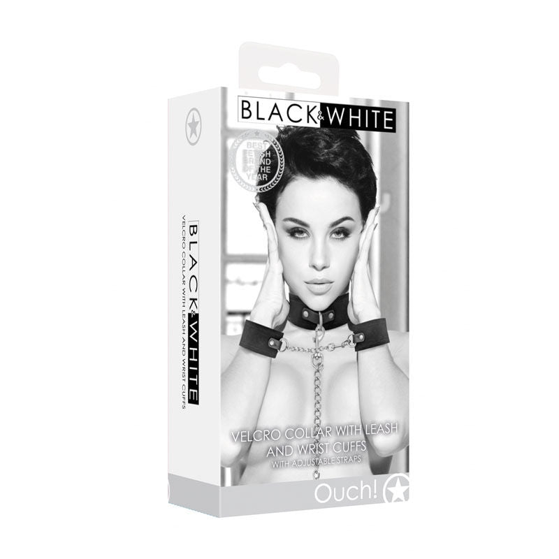 Ouch! bw velcro collar with leash and hand cuffs -  box side view | Flirtybay.com.au